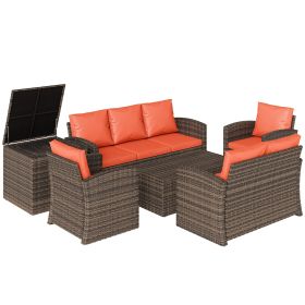 6 Pieces Wicker Patio Furniture Set with Cushions, 7-Seater Rattan Patio Sofa Set with Storage Table, Orange 6 Pieces Wicker Patio Furniture Set with Cushions, 7-Seater Rattan Patio Sofa Set with Storage Table, Orange